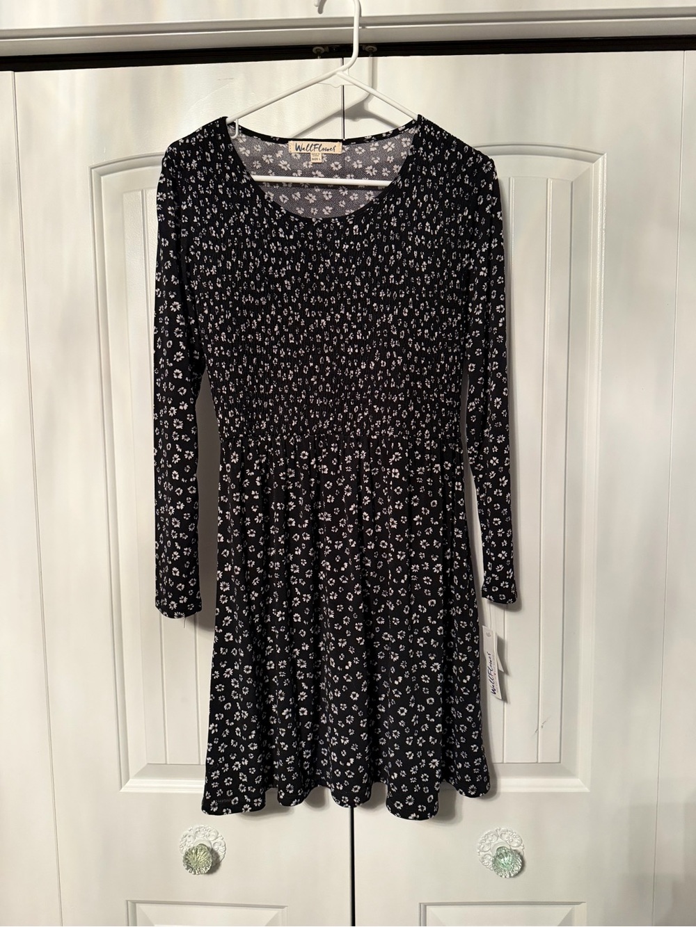 Wallflower Black and White Floral Long-Sleeve Smocked Dress